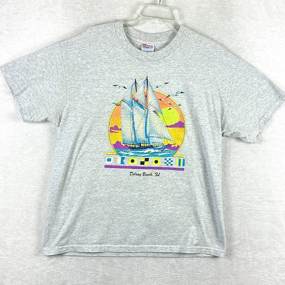 VTG Delray Beach Florida Shirt Mens L Gray Sailing Yachting Sailboat Beach Surf